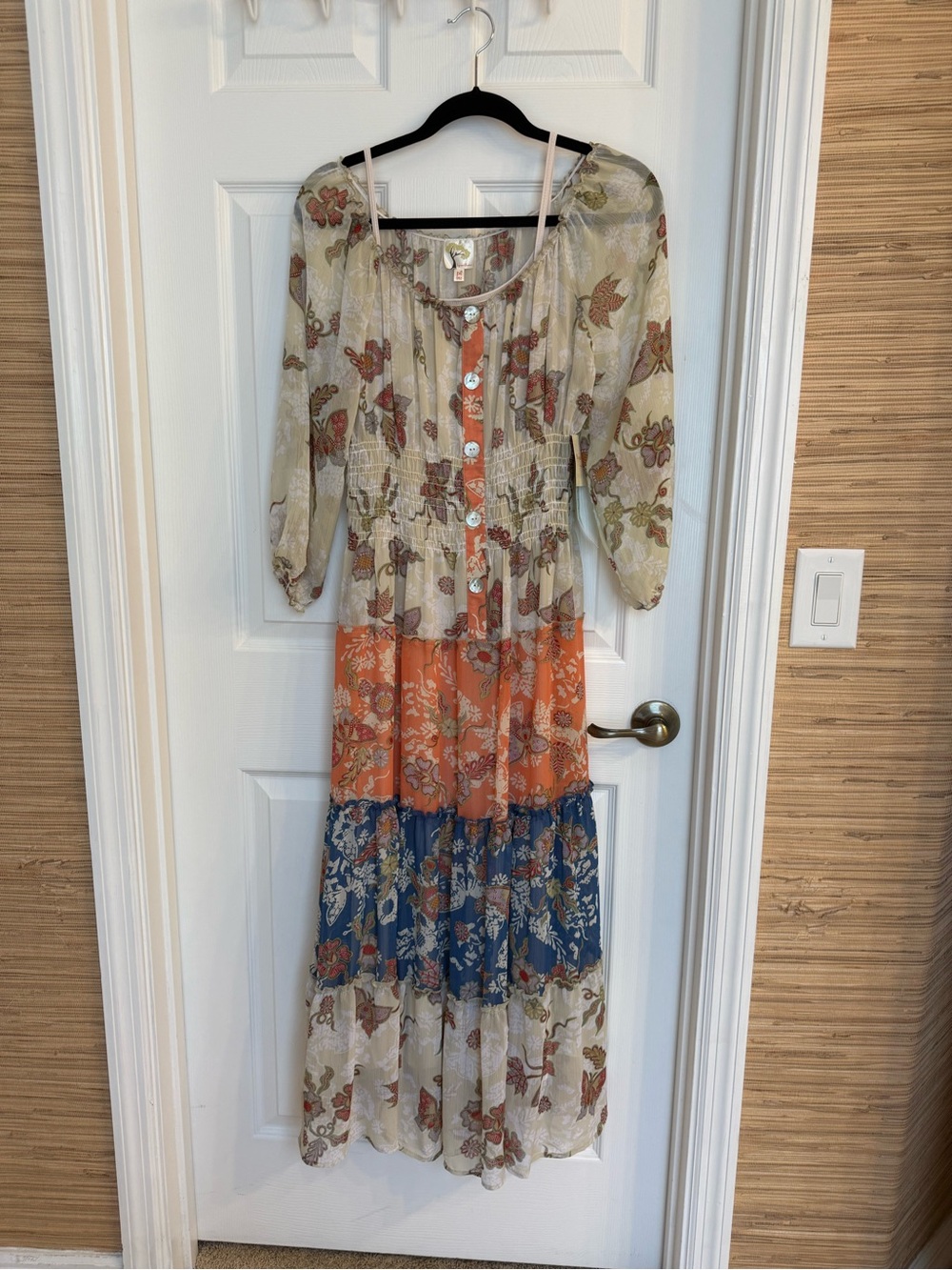 fig and flower Cream, Orange & Blue Floral Tiered Maxi Dress - no size tag - Picture 2 of 7